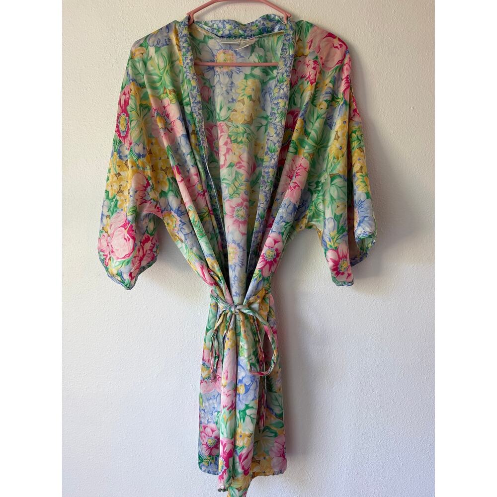 Vintage Sleep Solutions Pink Green Floral Silky Tie Up Robe Size Medium